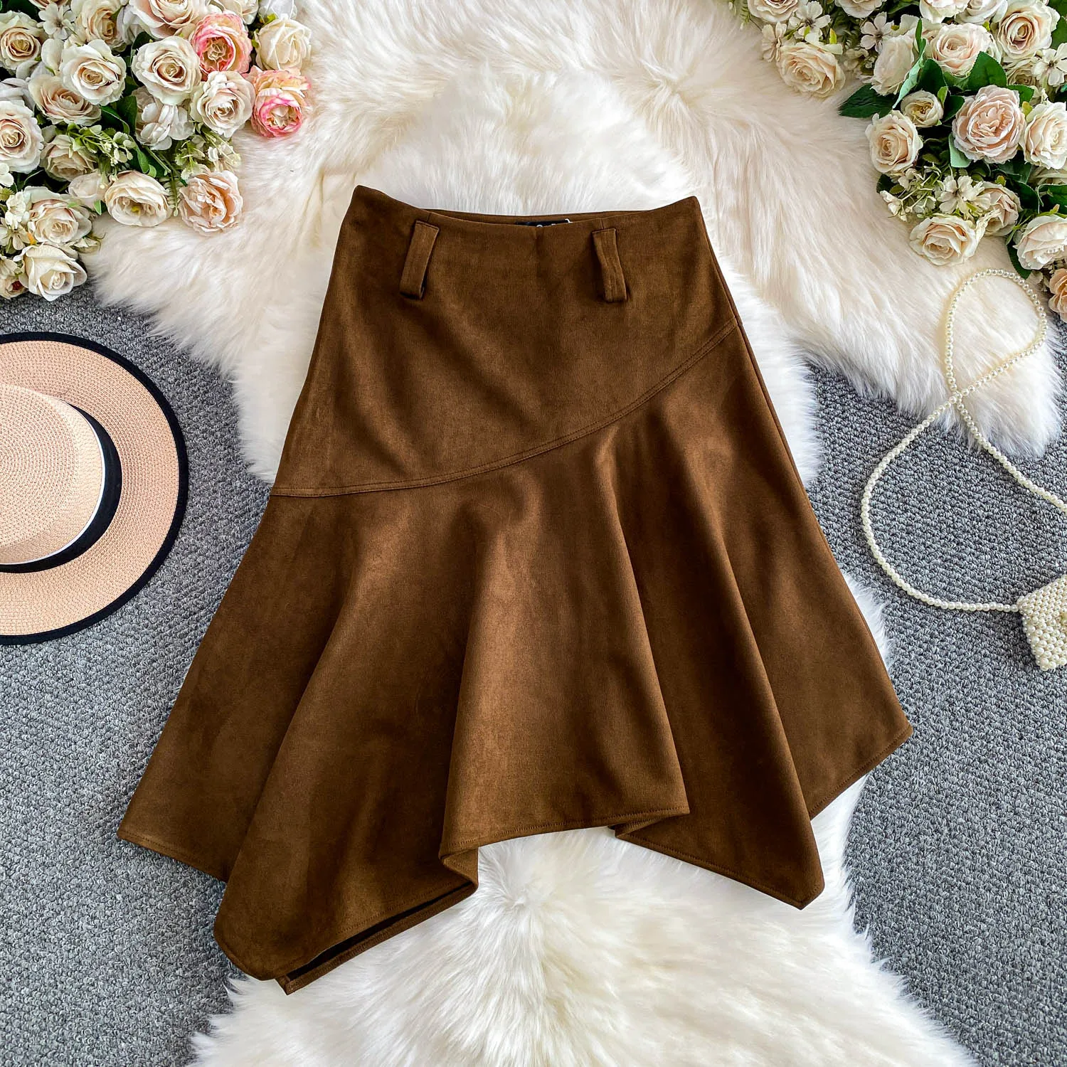 Women Chic asymmetrical ruffle Sexy Skirt Elastic High Waist Korean Fashion A-line autumn Skirt Clothing