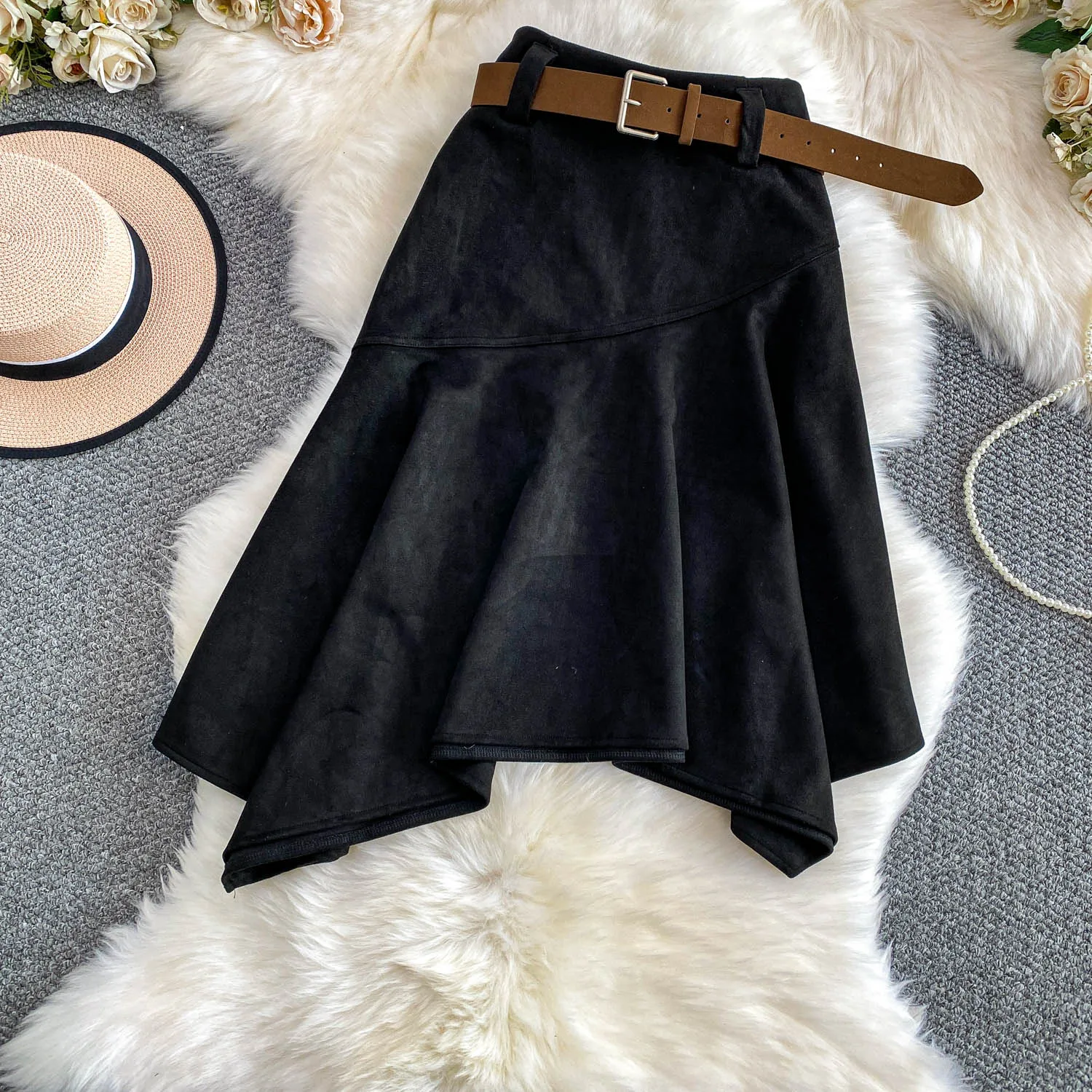 Women Chic asymmetrical ruffle Sexy Skirt Elastic High Waist Korean Fashion A-line autumn Skirt Clothing