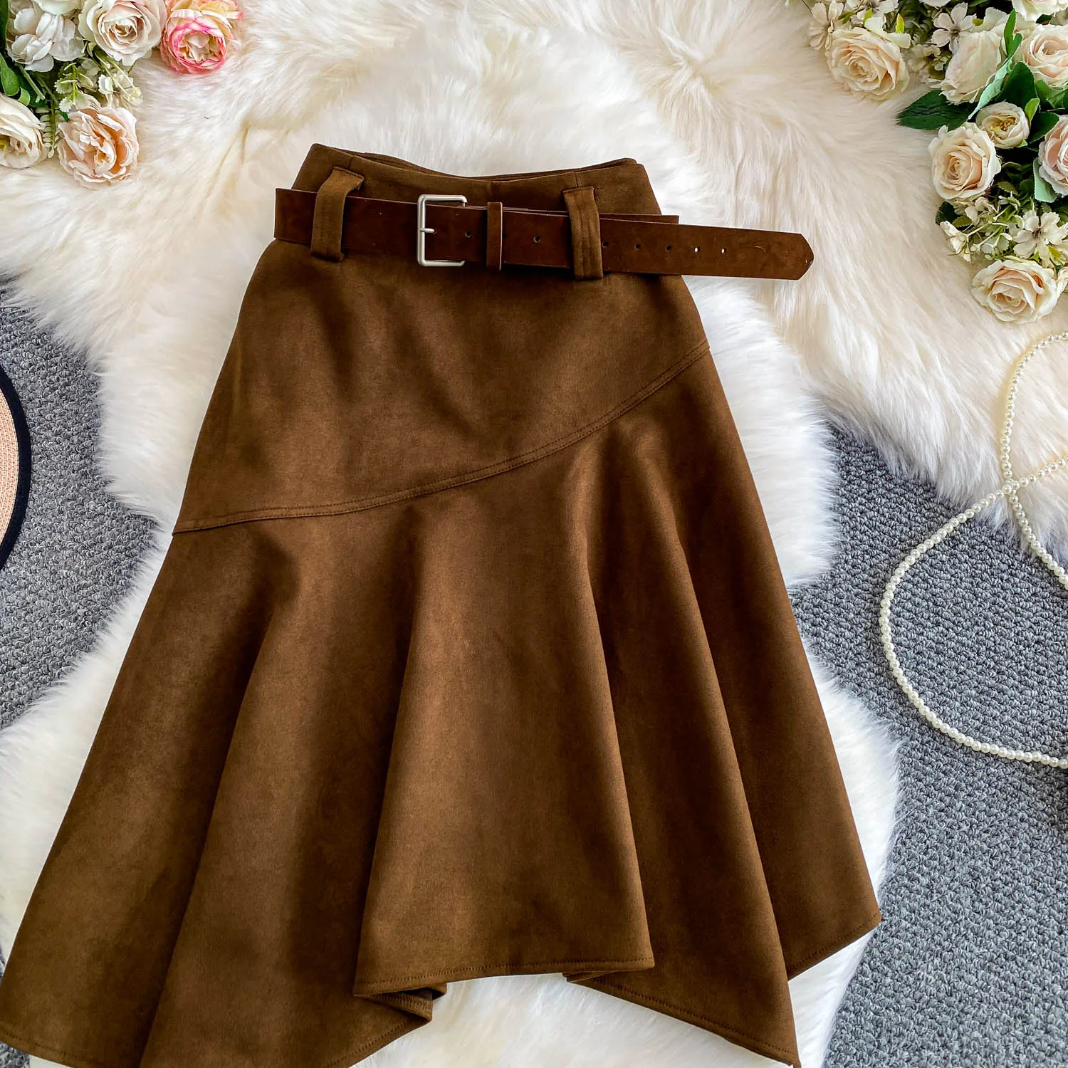 Women Chic asymmetrical ruffle Sexy Skirt Elastic High Waist Korean Fashion A-line autumn Skirt Clothing