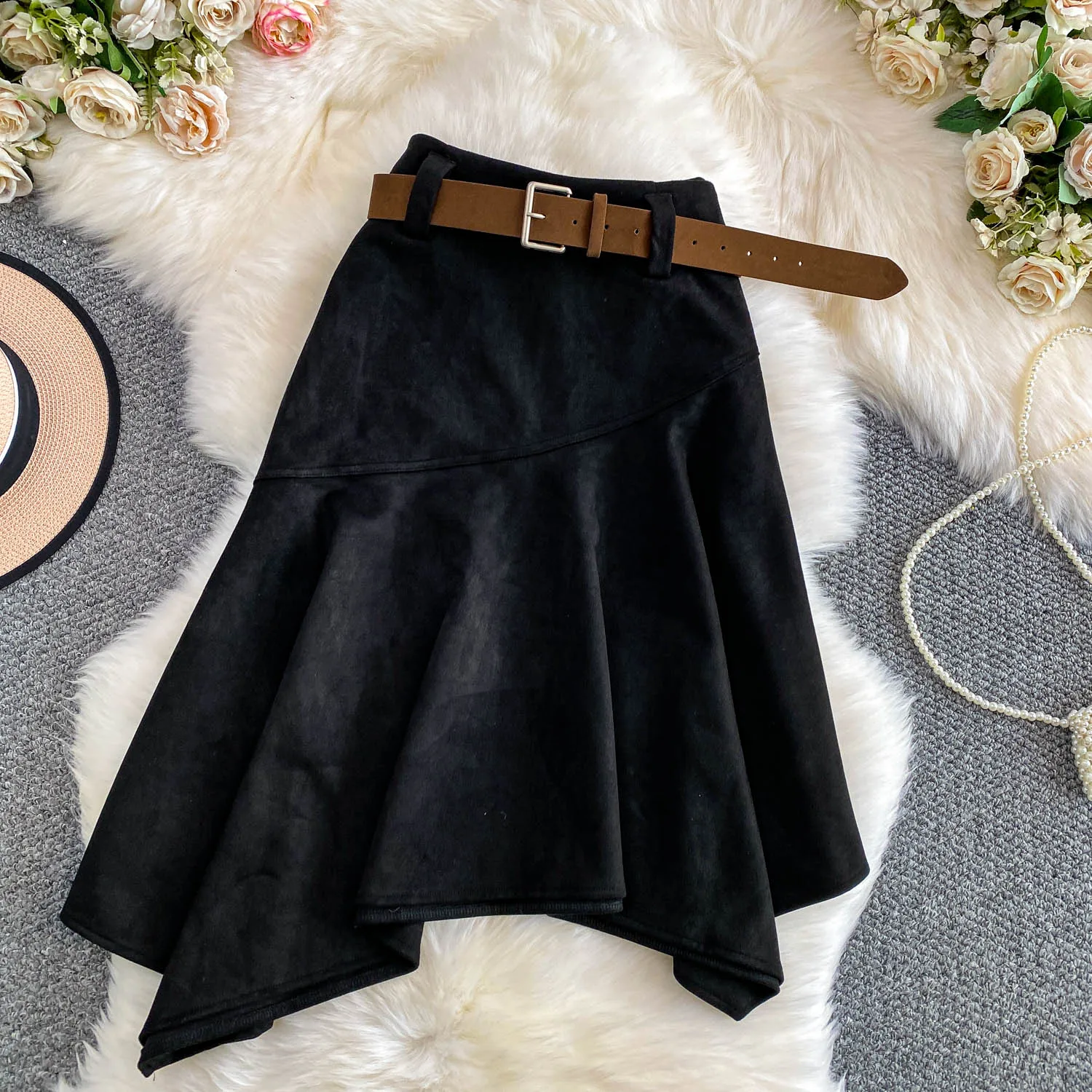 Women Chic asymmetrical ruffle Sexy Skirt Elastic High Waist Korean Fashion A-line autumn Skirt Clothing