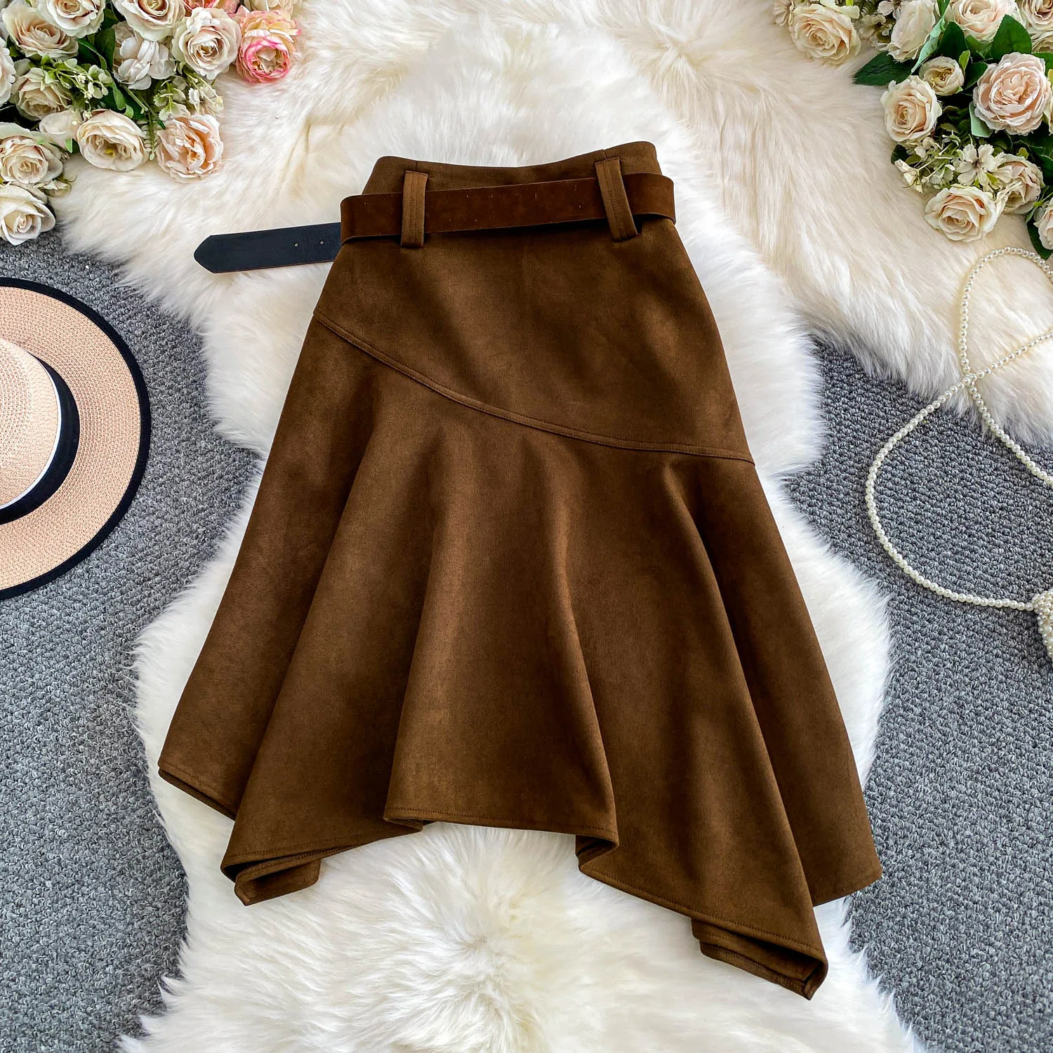 Women Chic asymmetrical ruffle Sexy Skirt Elastic High Waist Korean Fashion A-line autumn Skirt Clothing