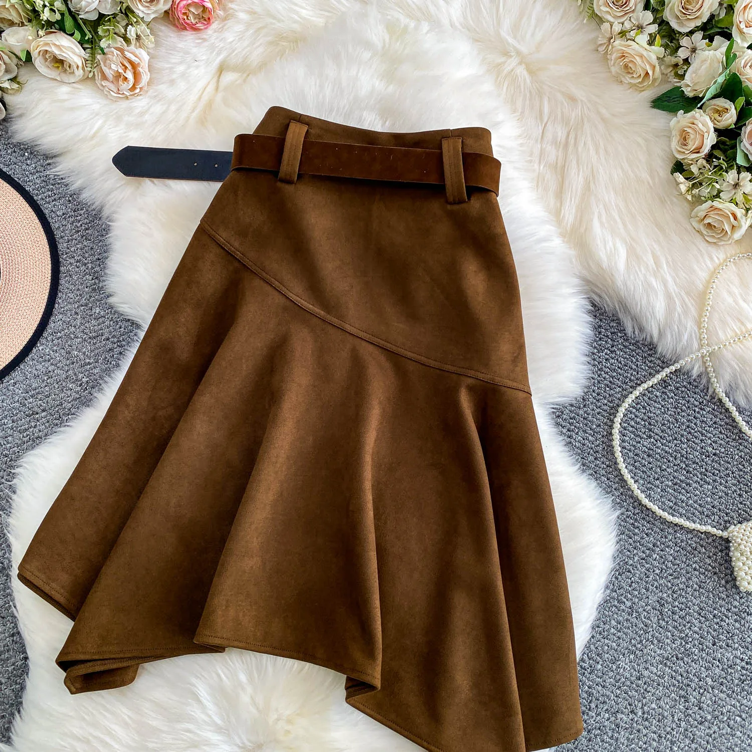 Women Chic asymmetrical ruffle Sexy Skirt Elastic High Waist Korean Fashion A-line autumn Skirt Clothing