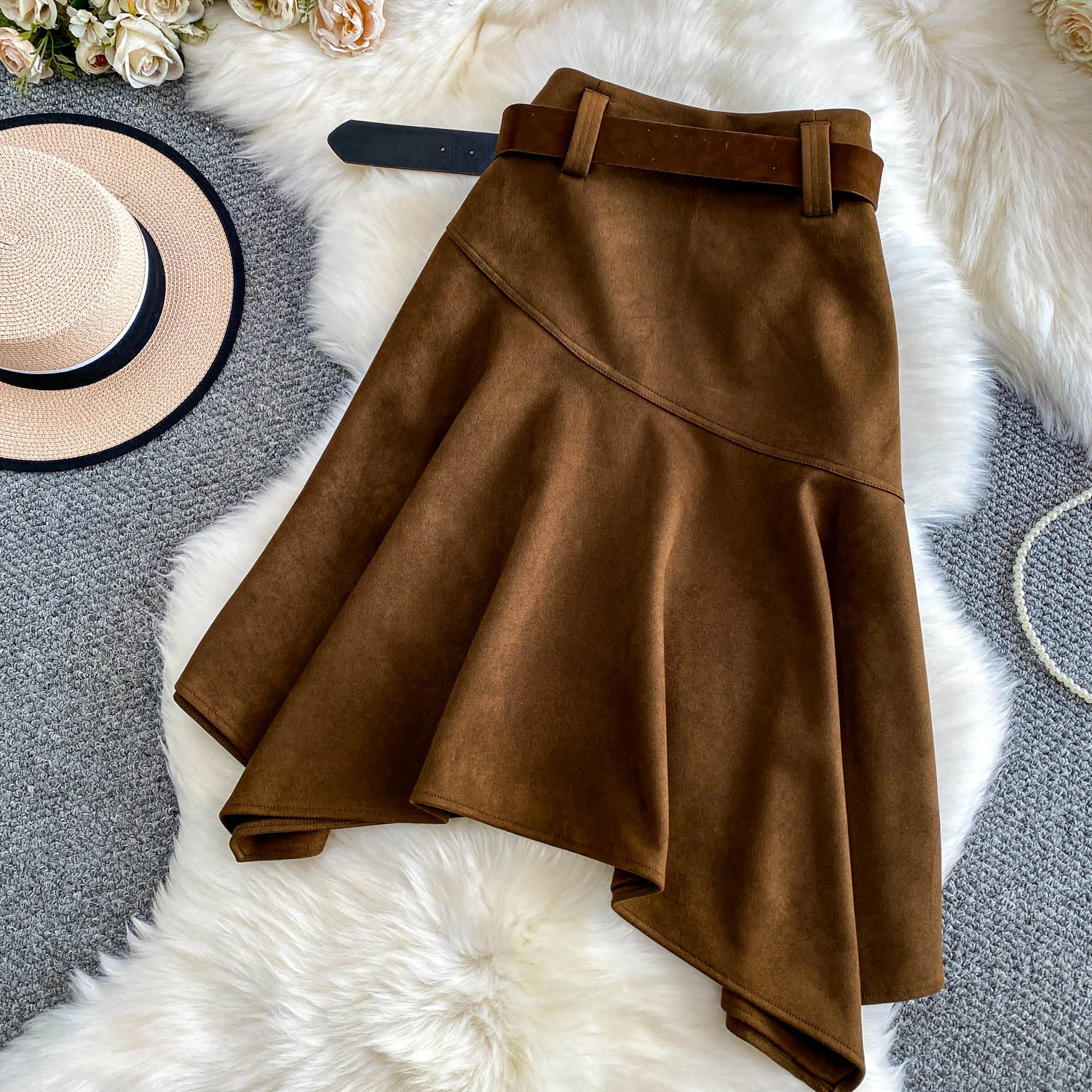 Women Chic asymmetrical ruffle Sexy Skirt Elastic High Waist Korean Fashion A-line autumn Skirt Clothing