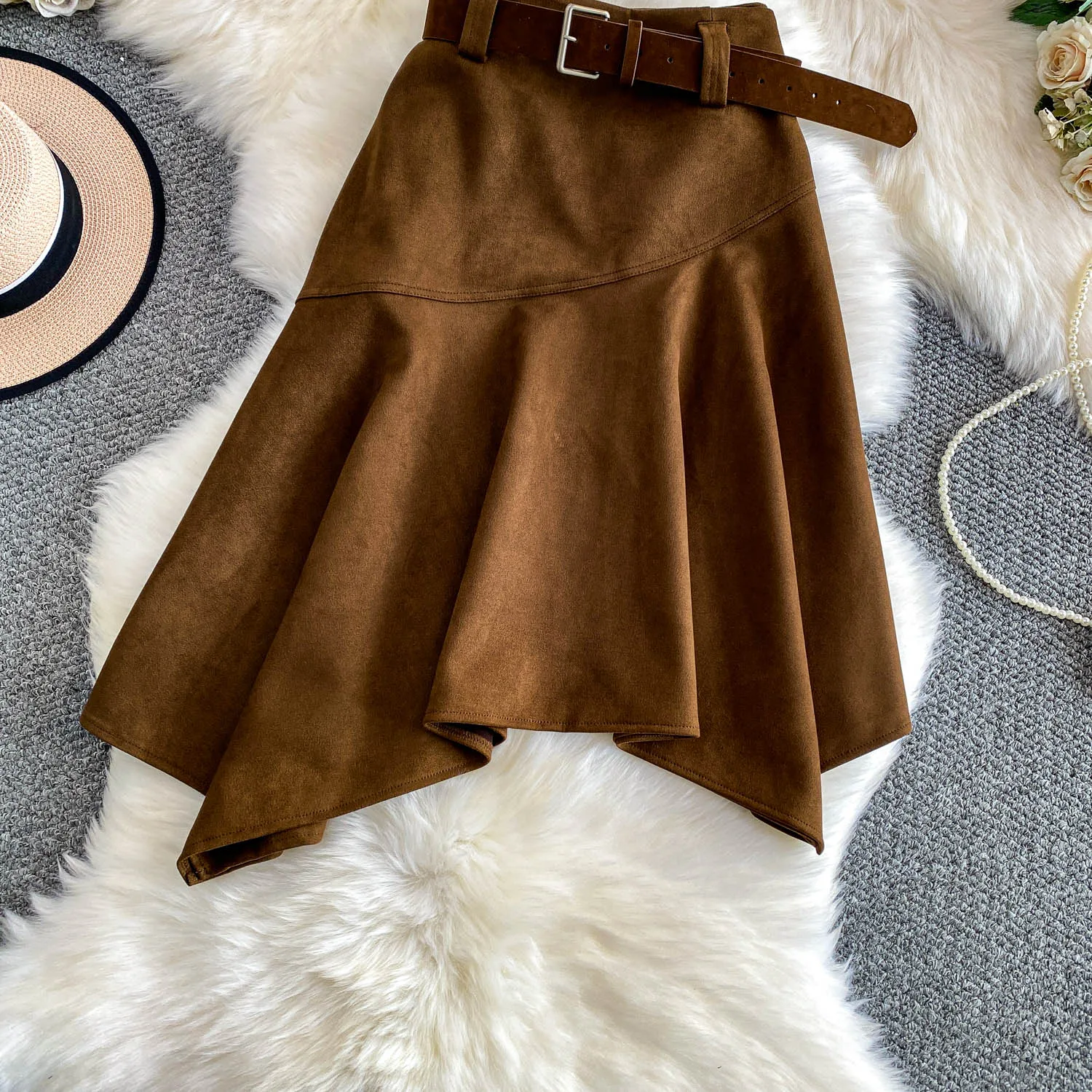Women Chic asymmetrical ruffle Sexy Skirt Elastic High Waist Korean Fashion A-line autumn Skirt Clothing