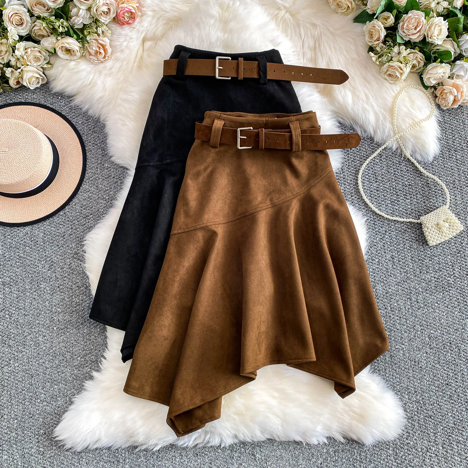 Women Chic asymmetrical ruffle Sexy Skirt Elastic High Waist Korean Fashion A-line autumn Skirt Clothing