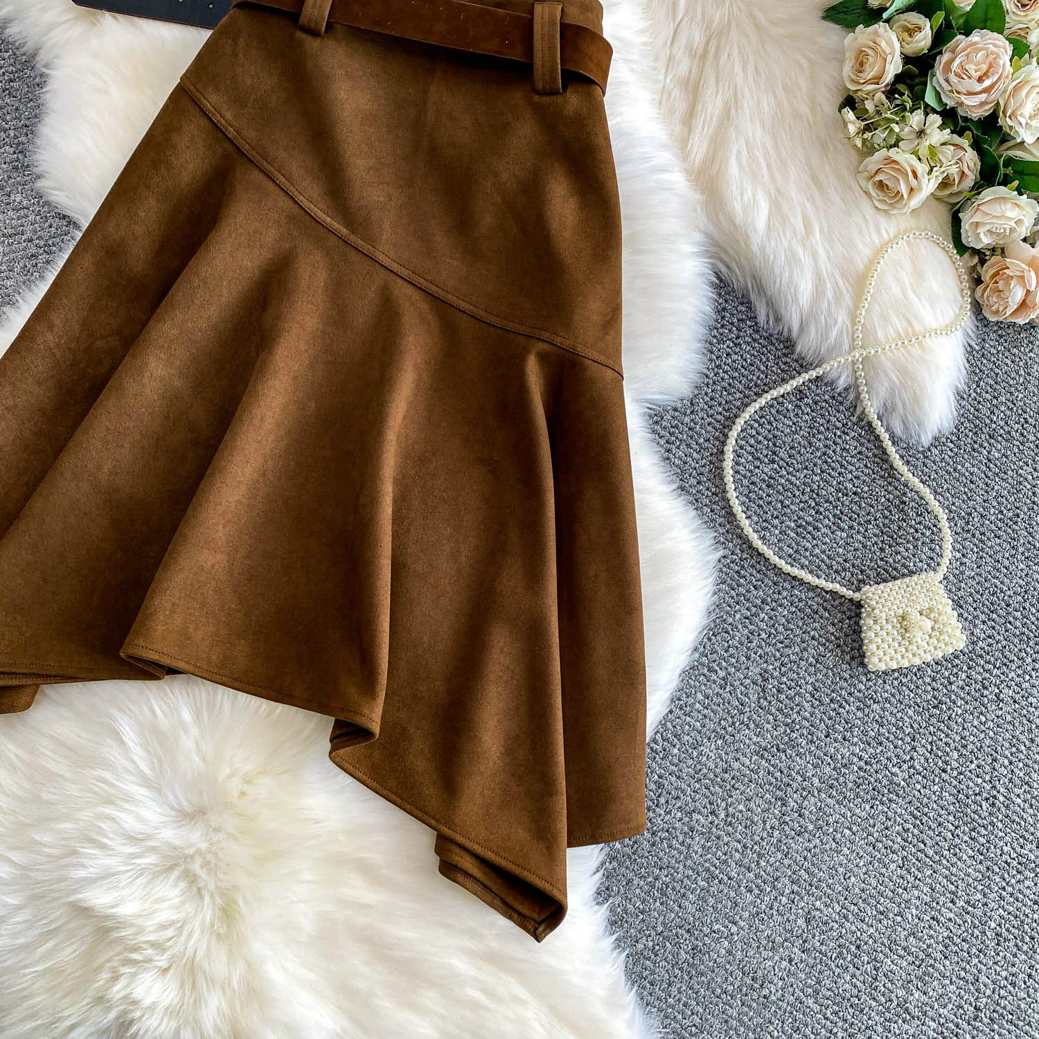 Women Chic asymmetrical ruffle Sexy Skirt Elastic High Waist Korean Fashion A-line autumn Skirt Clothing
