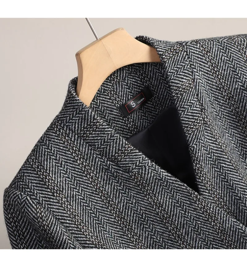 Small Fragrant Style Wool Woolen Blazer Women Autumn Winter Jacket New Striped Suit Top Winter Thicken Coat Lady Office Blazers