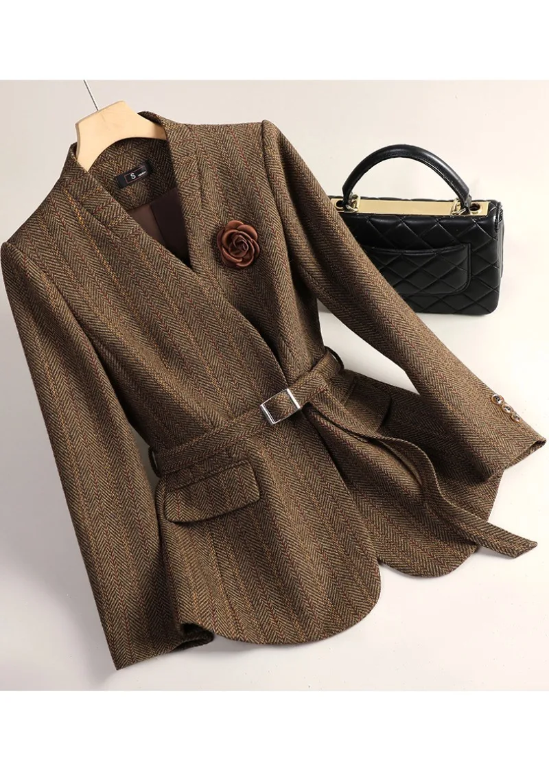 Small Fragrant Style Wool Woolen Blazer Women Autumn Winter Jacket New Striped Suit Top Winter Thicken Coat Lady Office Blazers