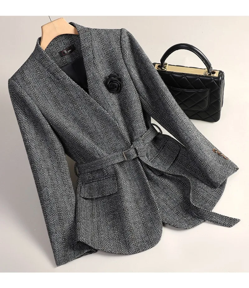 Small Fragrant Style Wool Woolen Blazer Women Autumn Winter Jacket New Striped Suit Top Winter Thicken Coat Lady Office Blazers
