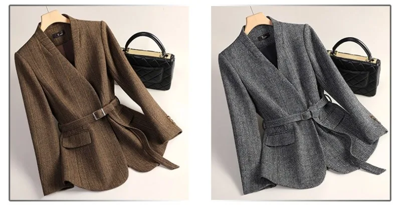 Small Fragrant Style Wool Woolen Blazer Women Autumn Winter Jacket New Striped Suit Top Winter Thicken Coat Lady Office Blazers