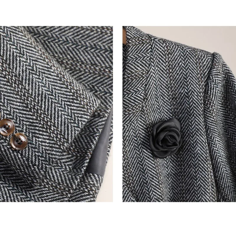 Small Fragrant Style Wool Woolen Blazer Women Autumn Winter Jacket New Striped Suit Top Winter Thicken Coat Lady Office Blazers