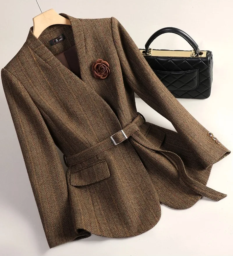 Small Fragrant Style Wool Woolen Blazer Women Autumn Winter Jacket New Striped Suit Top Winter Thicken Coat Lady Office Blazers