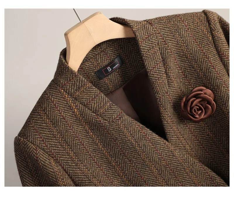Small Fragrant Style Wool Woolen Blazer Women Autumn Winter Jacket New Striped Suit Top Winter Thicken Coat Lady Office Blazers
