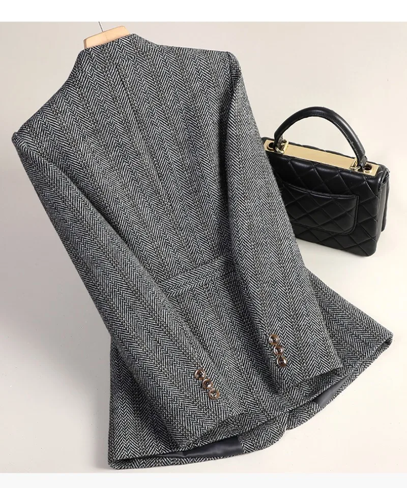 Small Fragrant Style Wool Woolen Blazer Women Autumn Winter Jacket New Striped Suit Top Winter Thicken Coat Lady Office Blazers