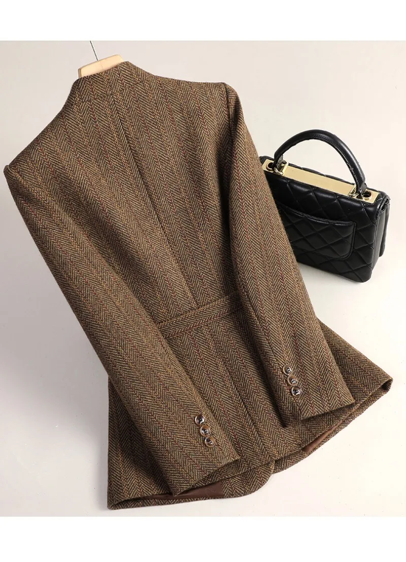 Small Fragrant Style Wool Woolen Blazer Women Autumn Winter Jacket New Striped Suit Top Winter Thicken Coat Lady Office Blazers
