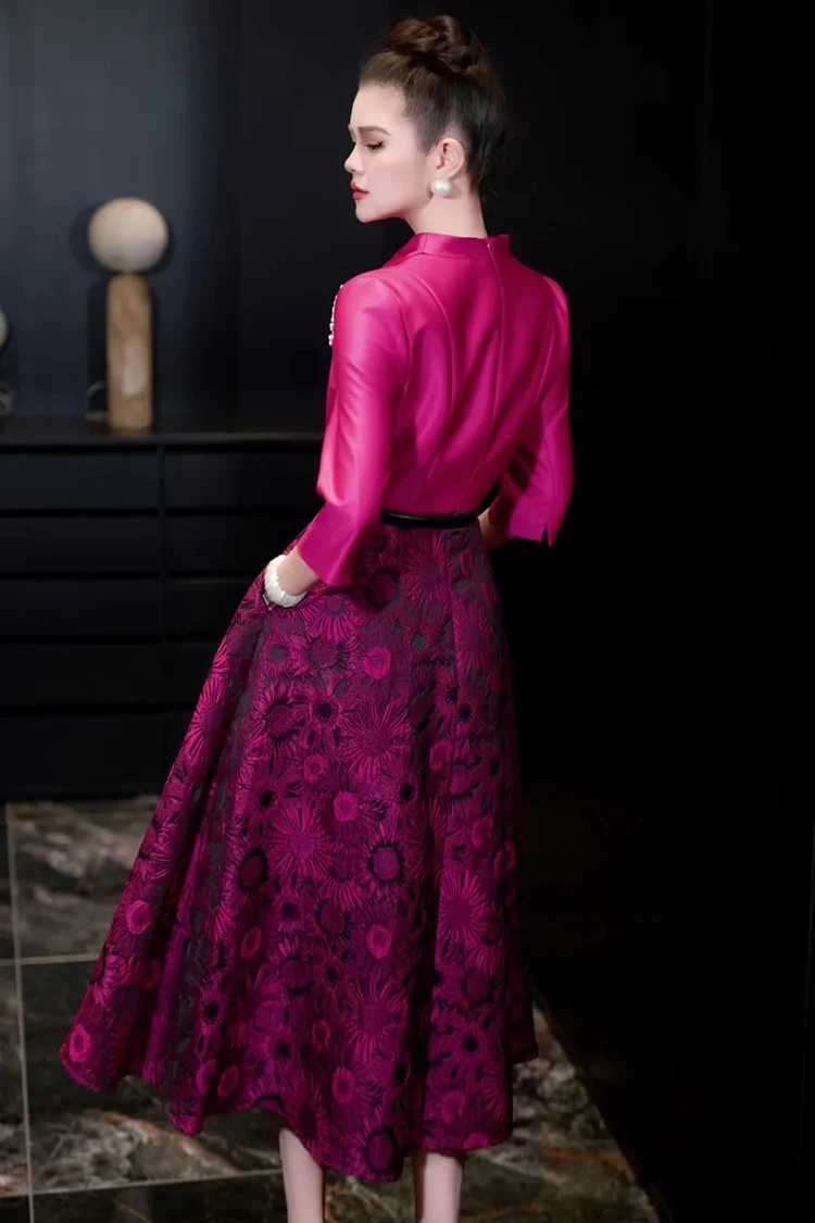 Seifrmann 2026 Spring Women's clothing New Fashionable V-neck Seven Sleeve Jacquard Waistband cinching Dress