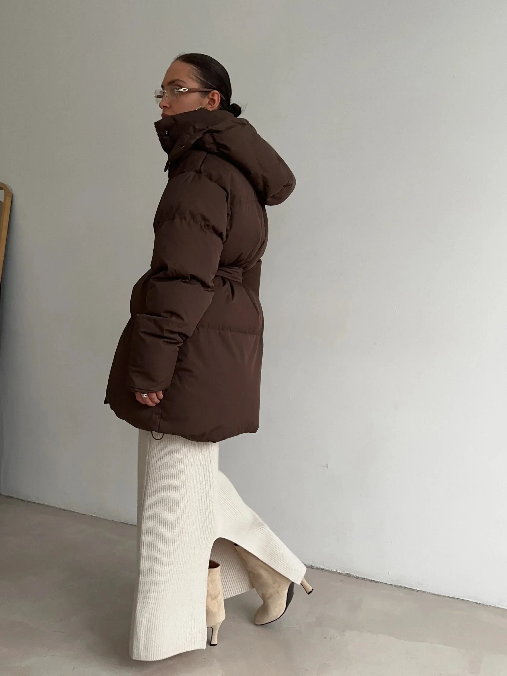 Hirsionsan 2025 Casual Waist Slimming Hooded Mid To Long Length Bread Cotton Jacket Women's Thick Cotton Jacket Brown