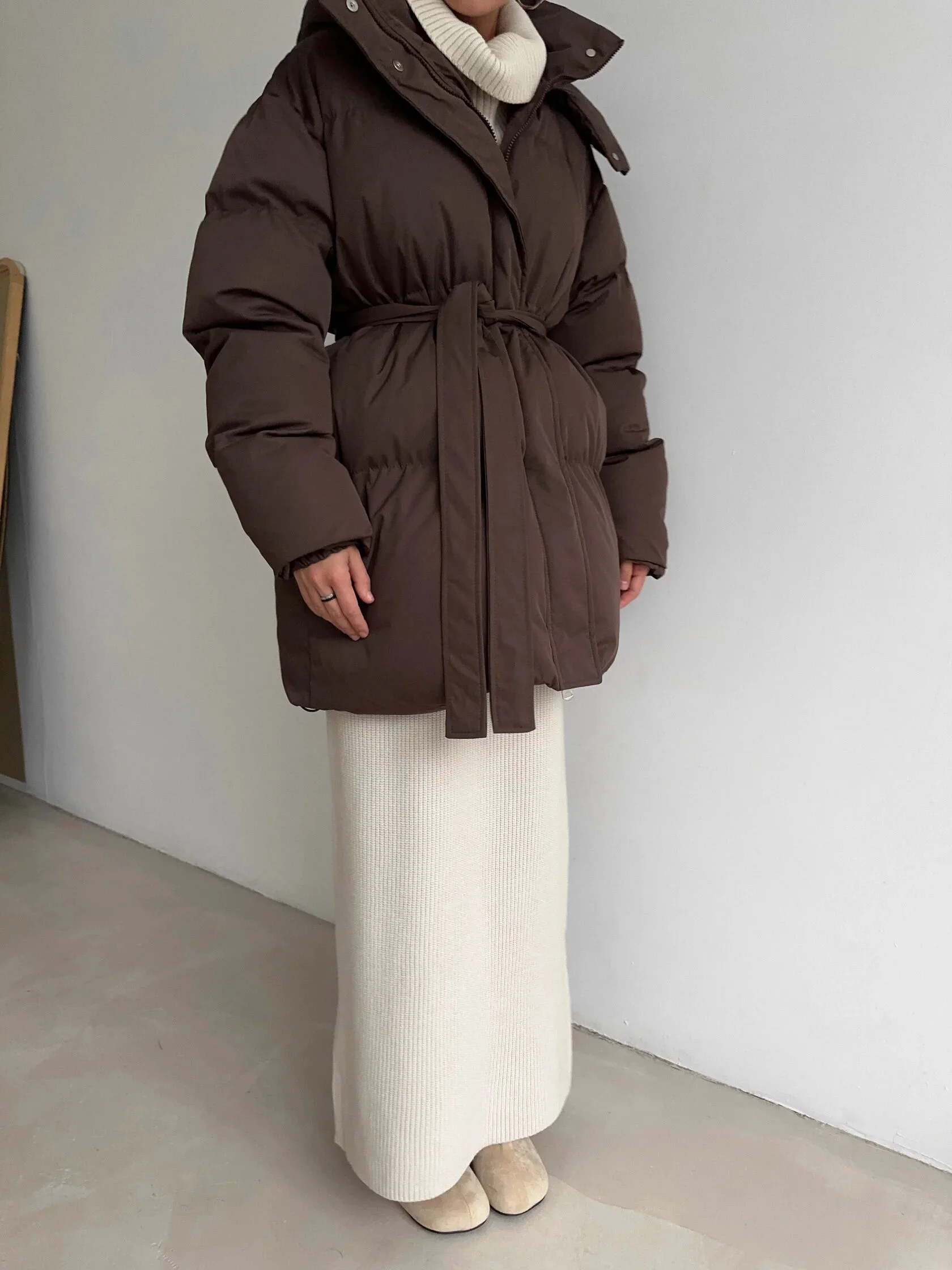 Hirsionsan 2025 Casual Waist Slimming Hooded Mid To Long Length Bread Cotton Jacket Women's Thick Cotton Jacket Brown