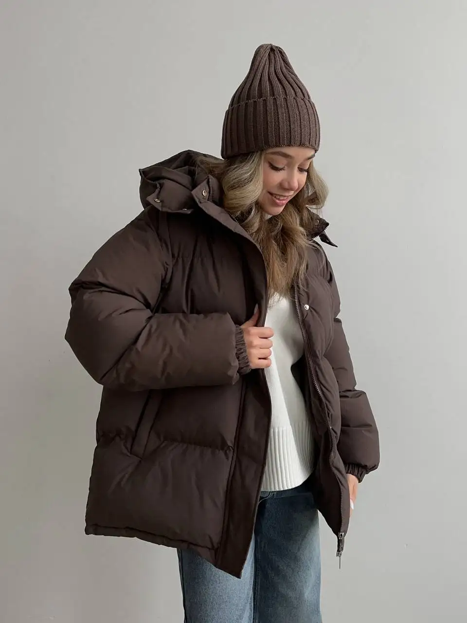 Hirsionsan 2025 Casual Waist Slimming Hooded Mid To Long Length Bread Cotton Jacket Women's Thick Cotton Jacket Brown