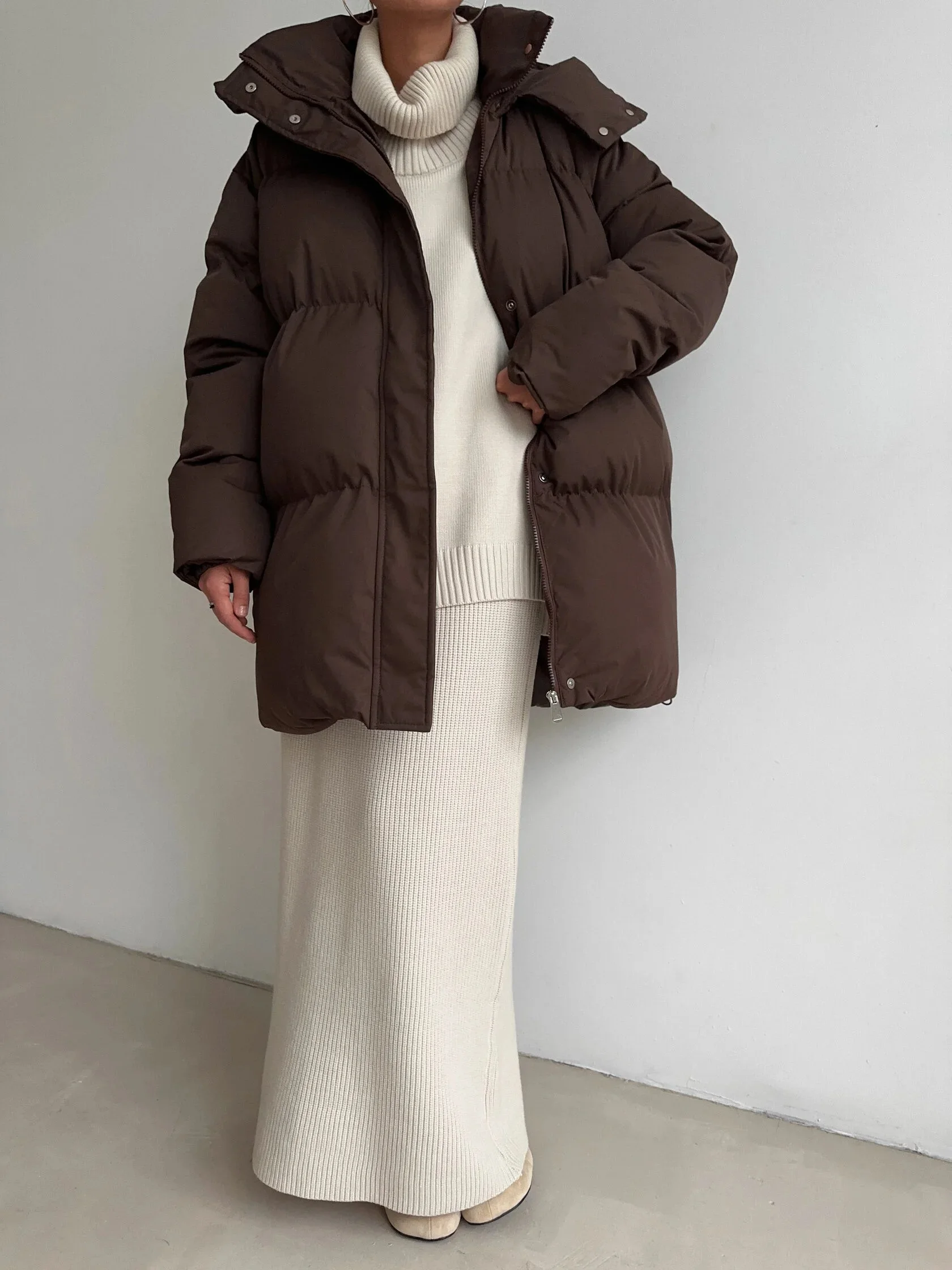 Hirsionsan 2025 Casual Waist Slimming Hooded Mid To Long Length Bread Cotton Jacket Women's Thick Cotton Jacket Brown