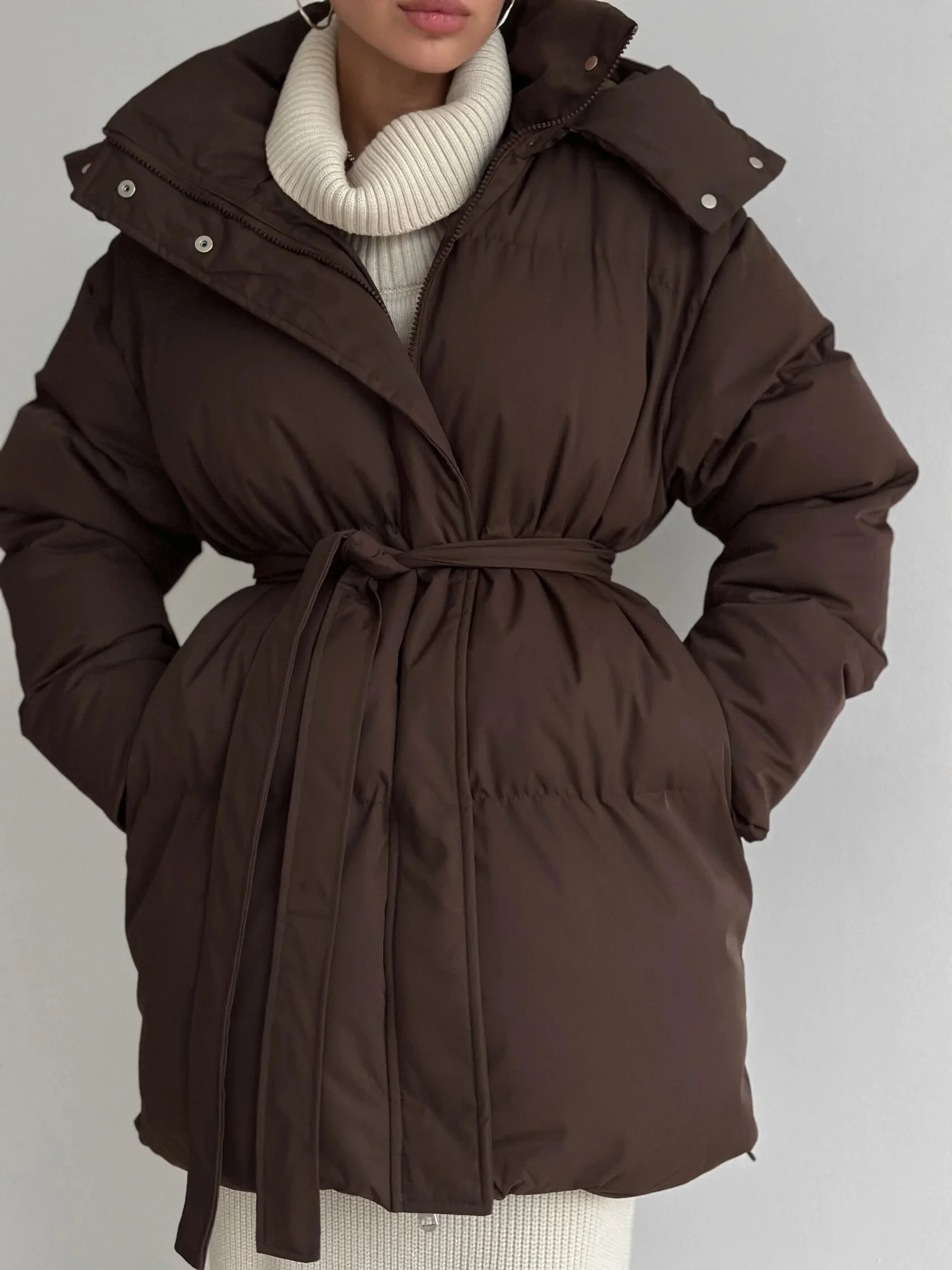 Hirsionsan 2025 Casual Waist Slimming Hooded Mid To Long Length Bread Cotton Jacket Women's Thick Cotton Jacket Brown
