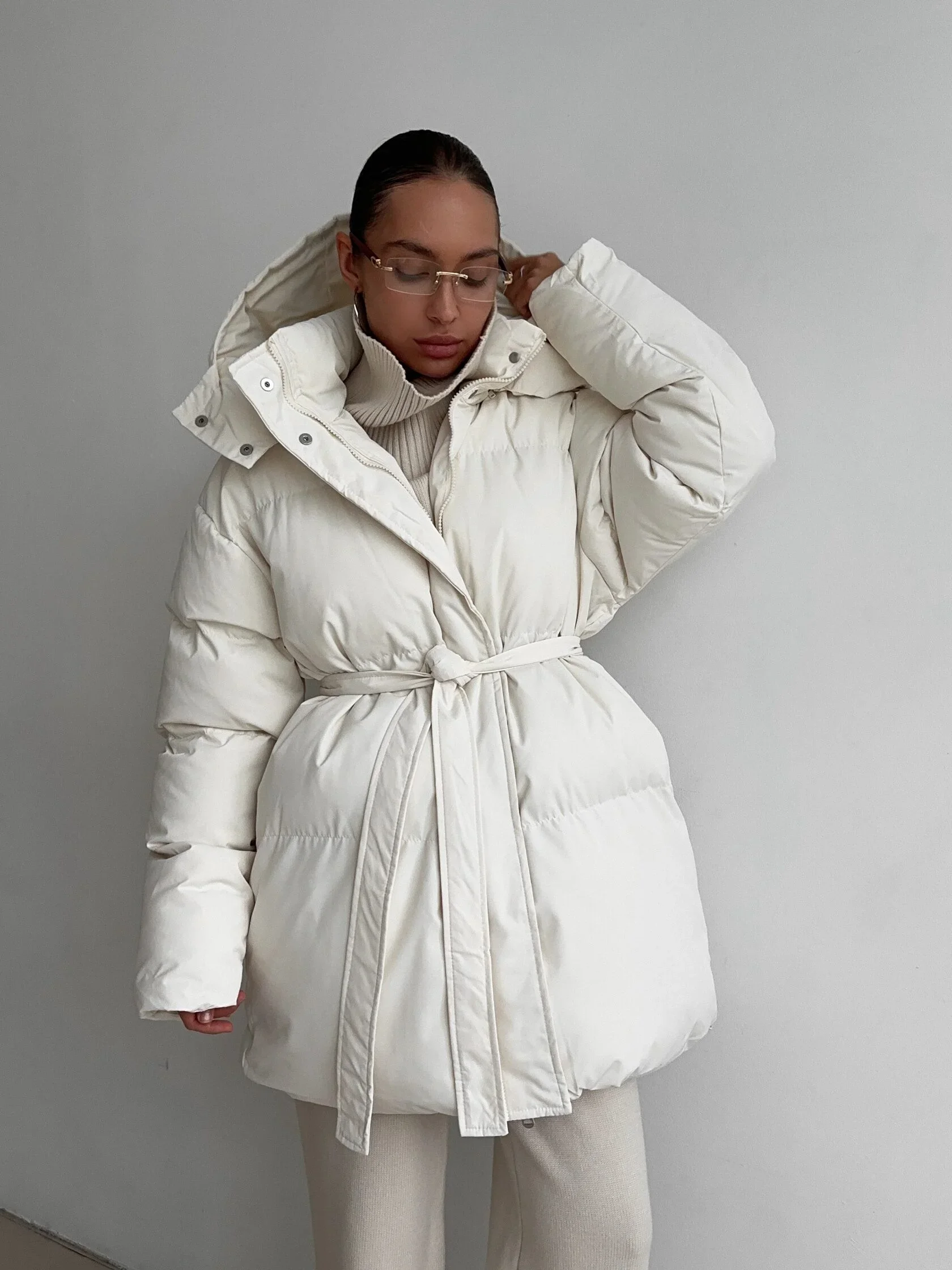 Hirsionsan 2025 Casual Waist Slimming Hooded Mid To Long Length Bread Cotton Jacket Women's Thick Cotton Jacket Brown