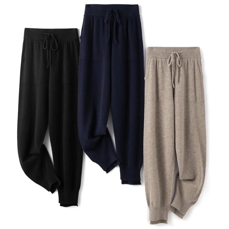 ANGEL Women Lantern Pants Autumn Winter Thick Pure Wool Pants 100% Merino Wool Knitwear Simple Style Soft Warm Korean Trousers