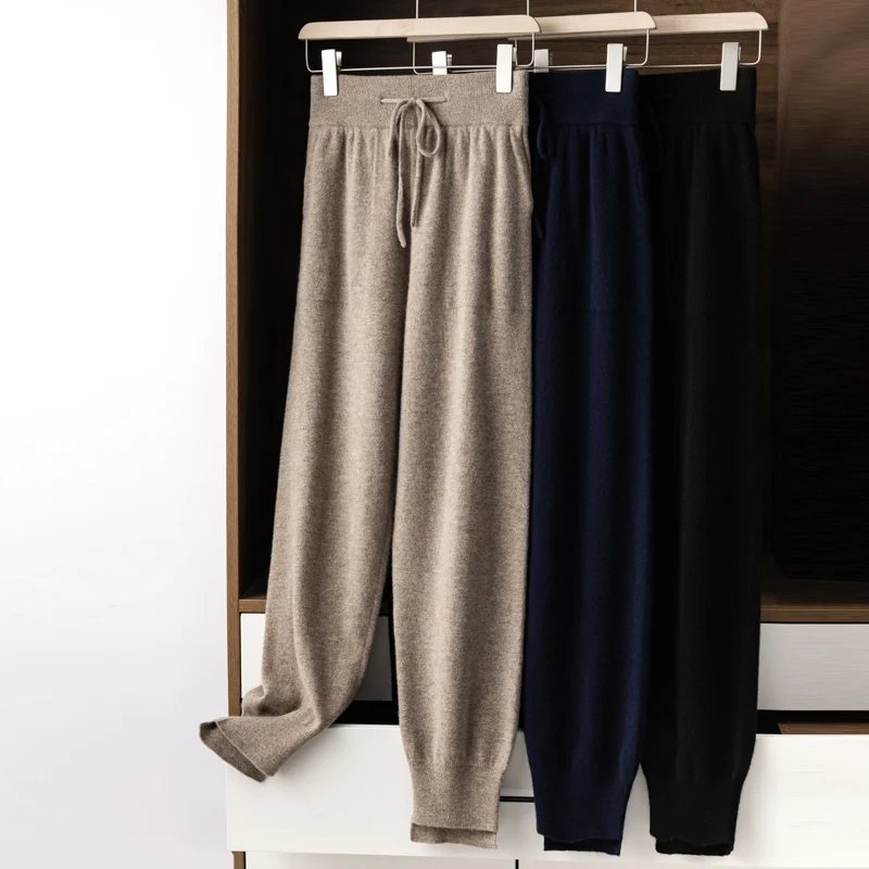 ANGEL Women Lantern Pants Autumn Winter Thick Pure Wool Pants 100% Merino Wool Knitwear Simple Style Soft Warm Korean Trousers