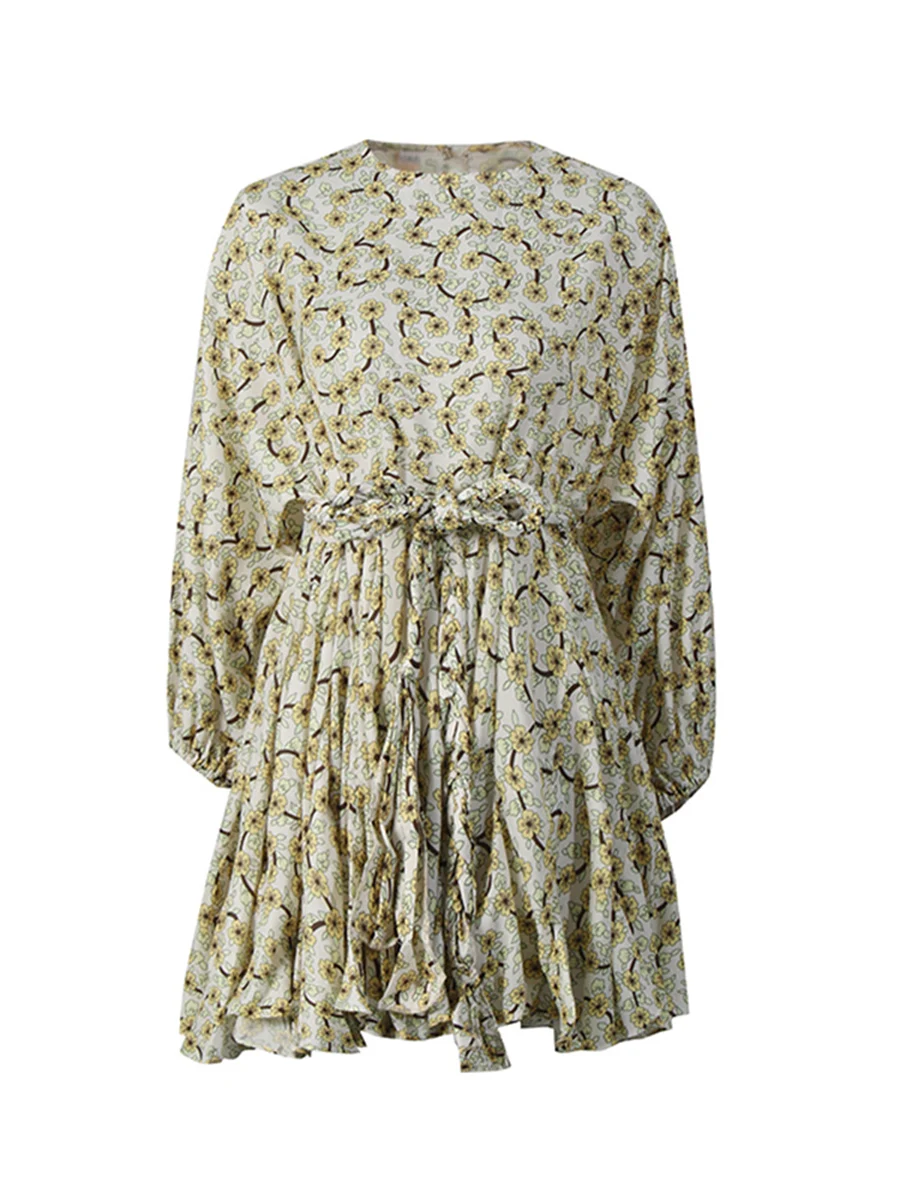 CHICEVER Yellow Spliced Printing Dress Female O Neck Long Sleeve Loose Vacation Casual Women's Dresses Summer Fashion New Style