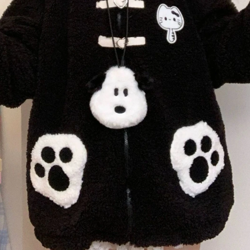 Japanese Cute Thicked Lamb Fleece Coat Women Sweet Sailor Collar Cat Embroidery Plush Jackets 2025 Ropa Mujer Warm Loose Outwear