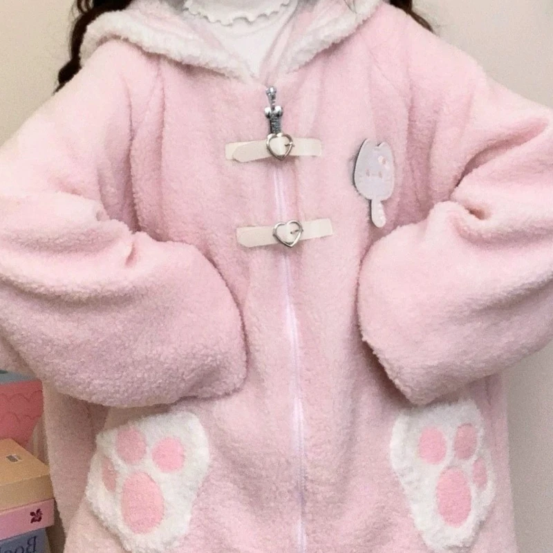 Japanese Cute Thicked Lamb Fleece Coat Women Sweet Sailor Collar Cat Embroidery Plush Jackets 2025 Ropa Mujer Warm Loose Outwear