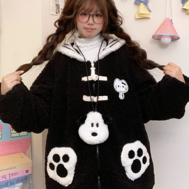 Japanese Cute Thicked Lamb Fleece Coat Women Sweet Sailor Collar Cat Embroidery Plush Jackets 2025 Ropa Mujer Warm Loose Outwear