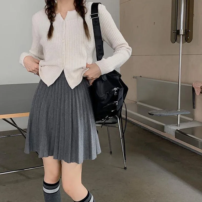 Autumn Winter Women's Skirt College Style All-Match Solid Color Knitted Pleated Skirts Casual Simple High Waisted Mini Skirts