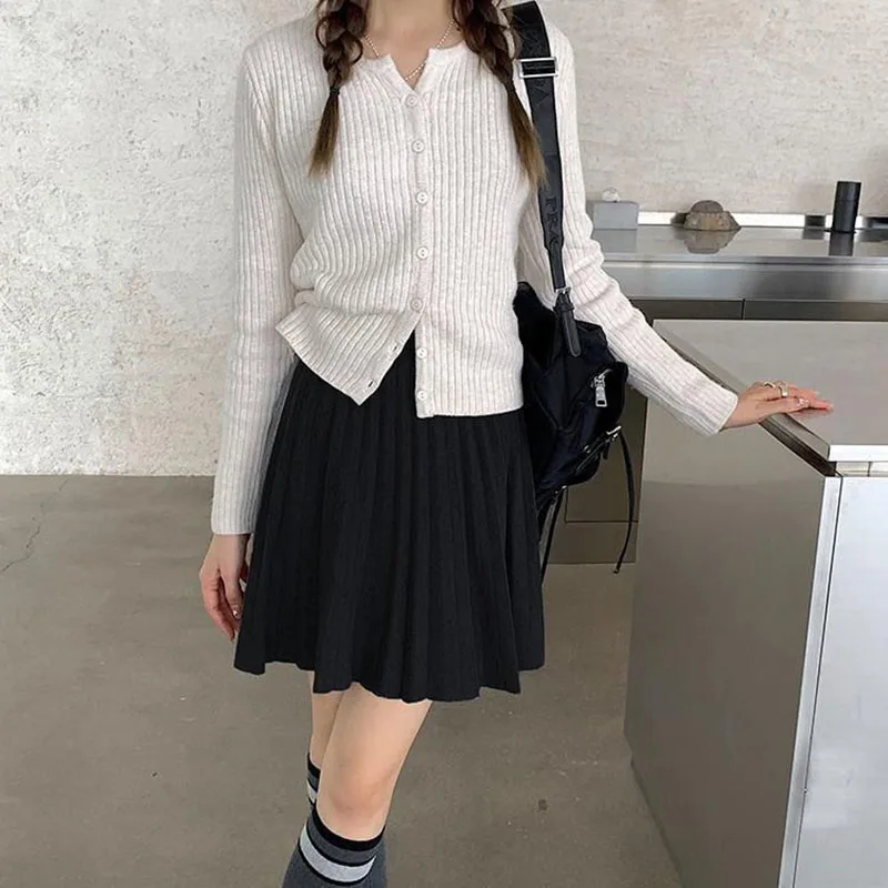 Autumn Winter Women's Skirt College Style All-Match Solid Color Knitted Pleated Skirts Casual Simple High Waisted Mini Skirts