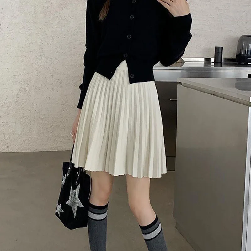 Autumn Winter Women's Skirt College Style All-Match Solid Color Knitted Pleated Skirts Casual Simple High Waisted Mini Skirts