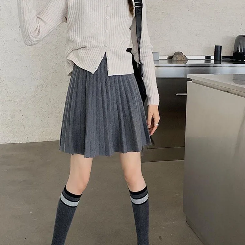 Autumn Winter Women's Skirt College Style All-Match Solid Color Knitted Pleated Skirts Casual Simple High Waisted Mini Skirts