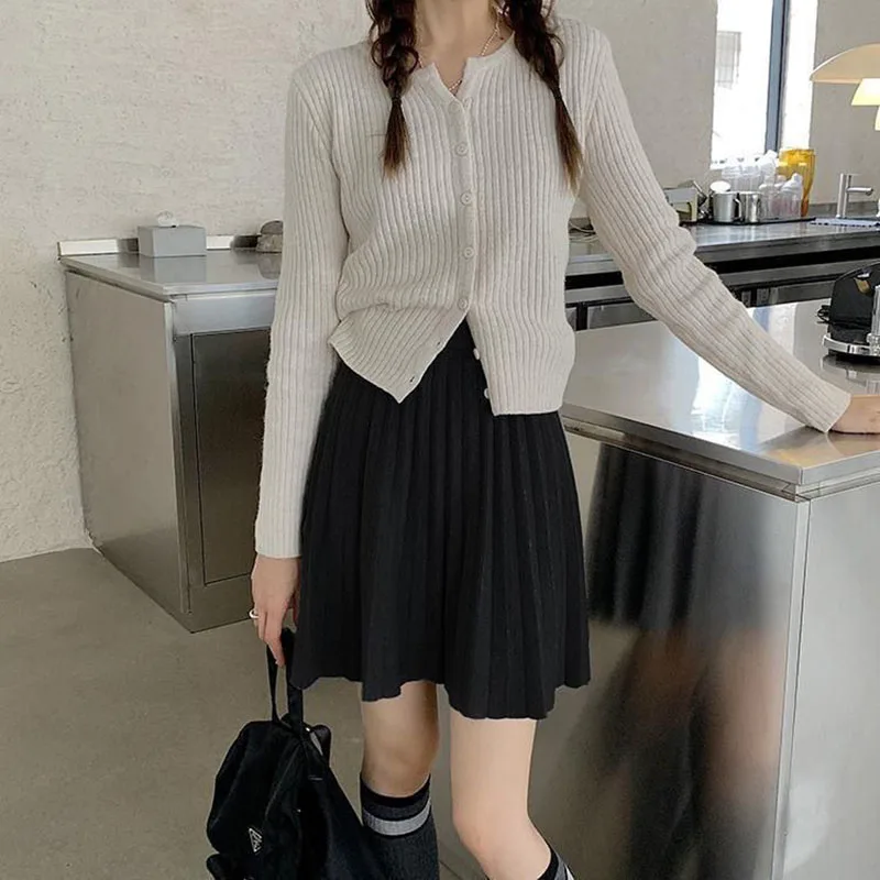 Autumn Winter Women's Skirt College Style All-Match Solid Color Knitted Pleated Skirts Casual Simple High Waisted Mini Skirts
