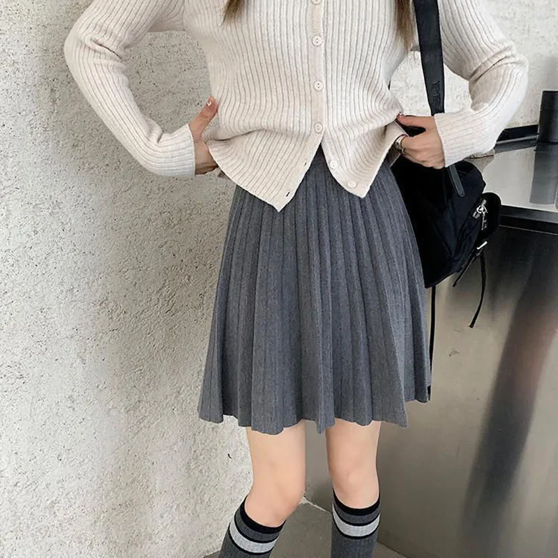 Autumn Winter Women's Skirt College Style All-Match Solid Color Knitted Pleated Skirts Casual Simple High Waisted Mini Skirts