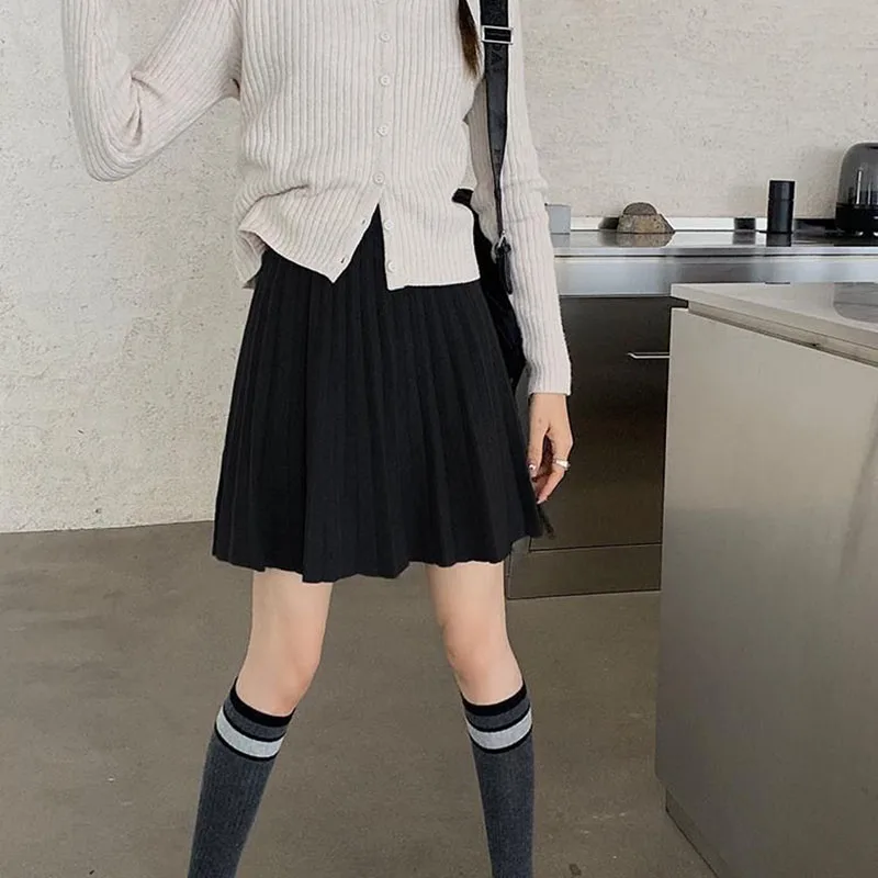 Autumn Winter Women's Skirt College Style All-Match Solid Color Knitted Pleated Skirts Casual Simple High Waisted Mini Skirts