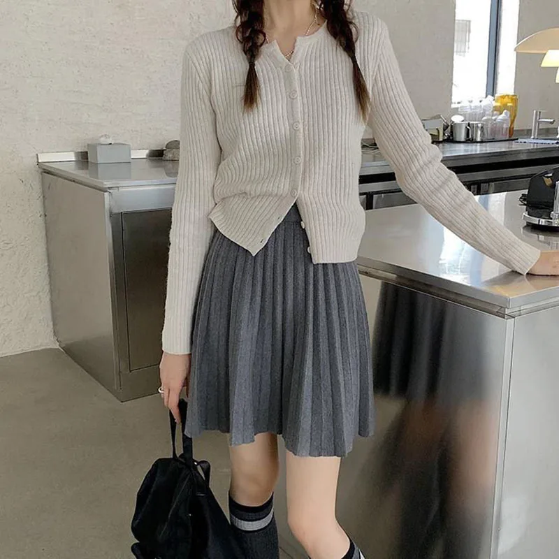 Autumn Winter Women's Skirt College Style All-Match Solid Color Knitted Pleated Skirts Casual Simple High Waisted Mini Skirts