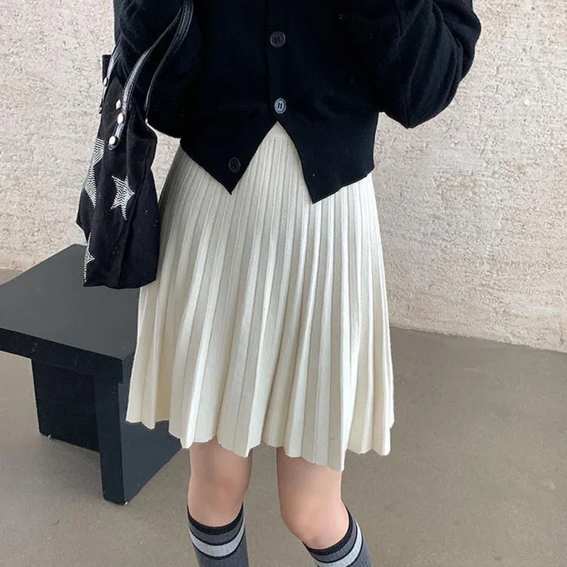 Autumn Winter Women's Skirt College Style All-Match Solid Color Knitted Pleated Skirts Casual Simple High Waisted Mini Skirts