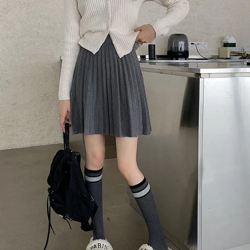 Autumn Winter Women's Skirt College Style All-Match Solid Color Knitted Pleated Skirts Casual Simple High Waisted Mini Skirts