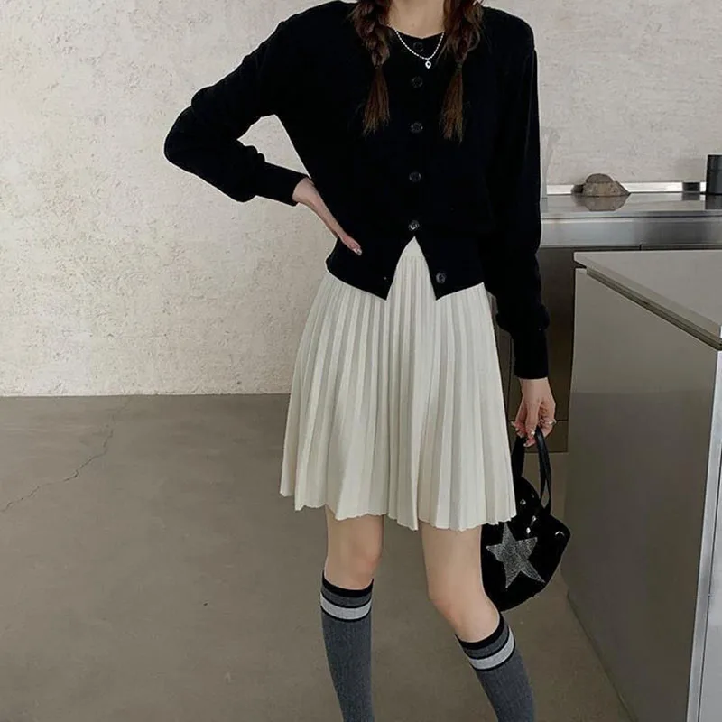 Autumn Winter Women's Skirt College Style All-Match Solid Color Knitted Pleated Skirts Casual Simple High Waisted Mini Skirts