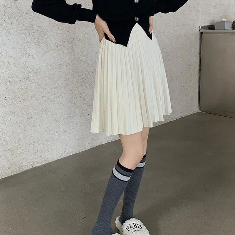 Autumn Winter Women's Skirt College Style All-Match Solid Color Knitted Pleated Skirts Casual Simple High Waisted Mini Skirts