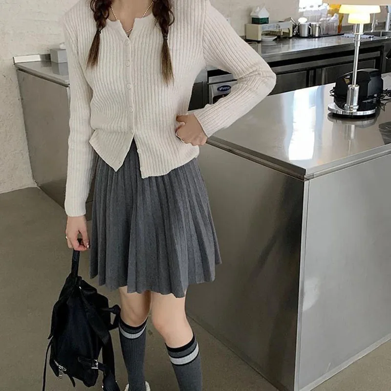Autumn Winter Women's Skirt College Style All-Match Solid Color Knitted Pleated Skirts Casual Simple High Waisted Mini Skirts
