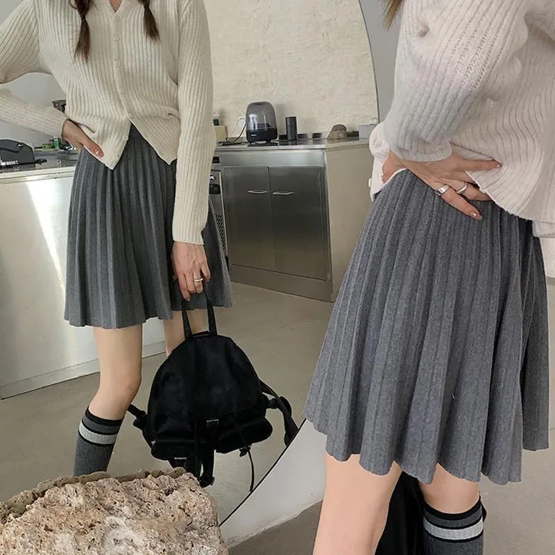 Autumn Winter Women's Skirt College Style All-Match Solid Color Knitted Pleated Skirts Casual Simple High Waisted Mini Skirts