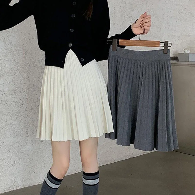 Autumn Winter Women's Skirt College Style All-Match Solid Color Knitted Pleated Skirts Casual Simple High Waisted Mini Skirts