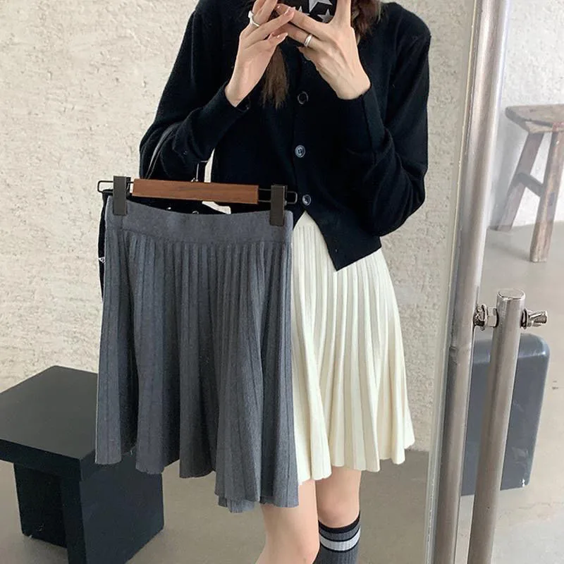 Autumn Winter Women's Skirt College Style All-Match Solid Color Knitted Pleated Skirts Casual Simple High Waisted Mini Skirts