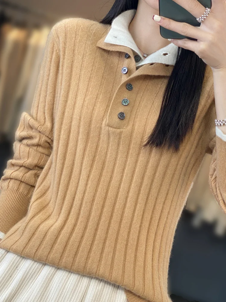 Women's Turn-down Collar Pullover Sweater 100% Merino Wool Autumn Winter Thickened Warm Casual Cashmere Knitwear Clothes