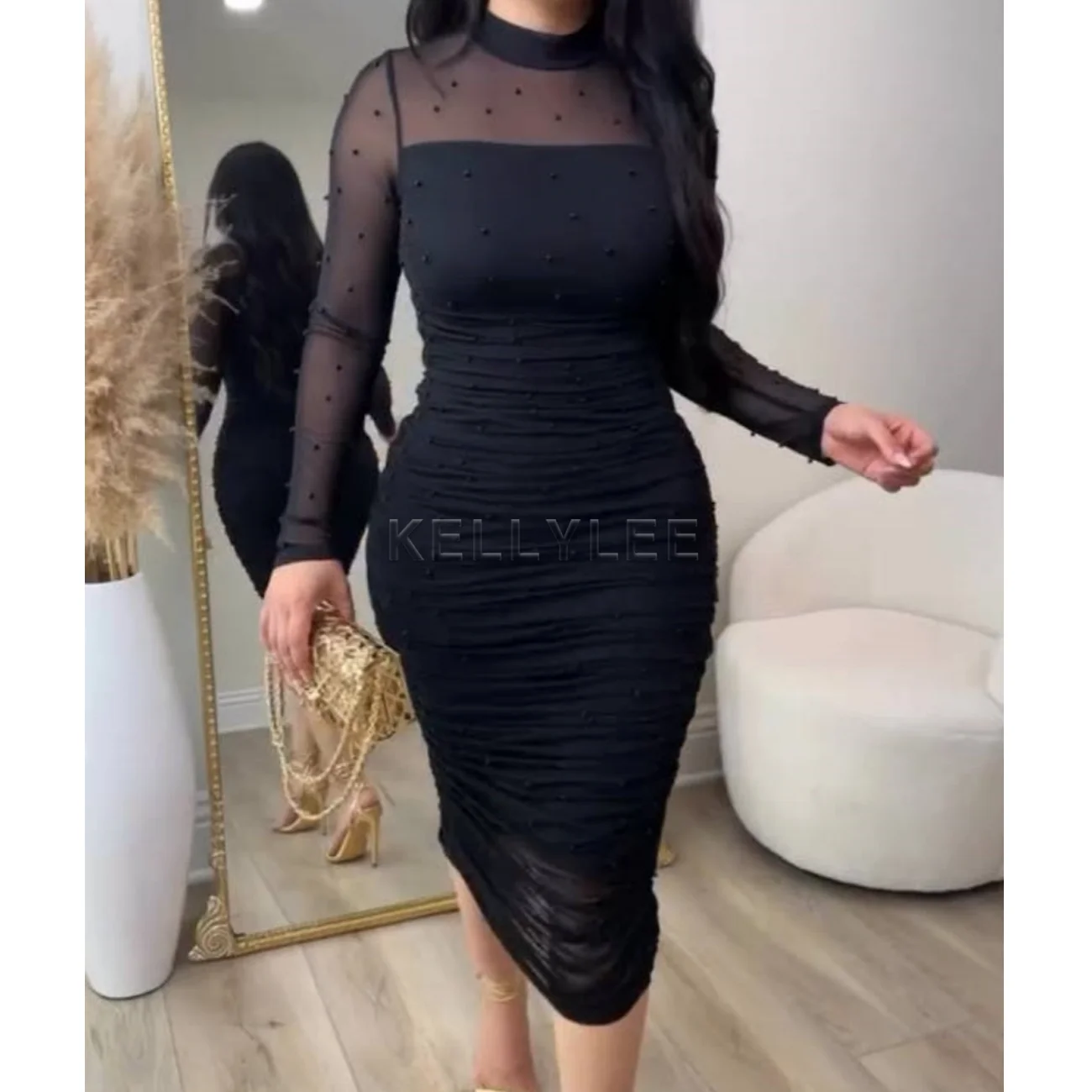 Women's Fashion Slim Fit Colorful Dress Outwear Ladies Sexy Tight Party Dress Long Sleeve Mock Neck Warp Hip Skirts Clothings